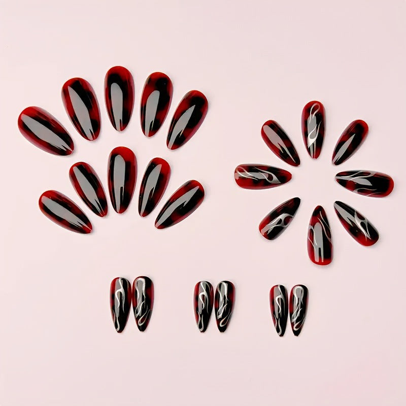 Claret Press-On Nails with Silver Swirl, Long Stiletto Acrylic Glue-On Set
