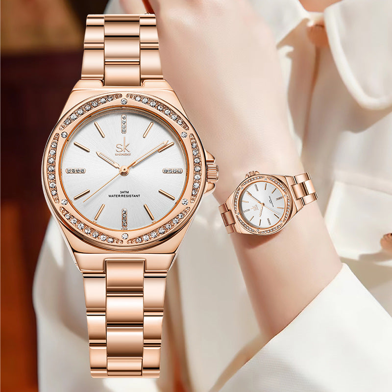 SK Women’s Diamond Quartz Watch – Stainless Steel Strap, Round Dial, 30M Waterproof