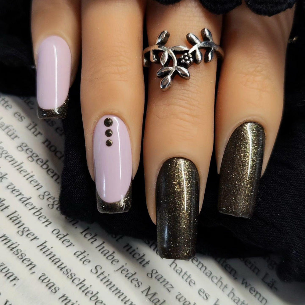 Elegant Long Square Glitter Press-on Nails – Black & Pink Acrylic with Dot Accents