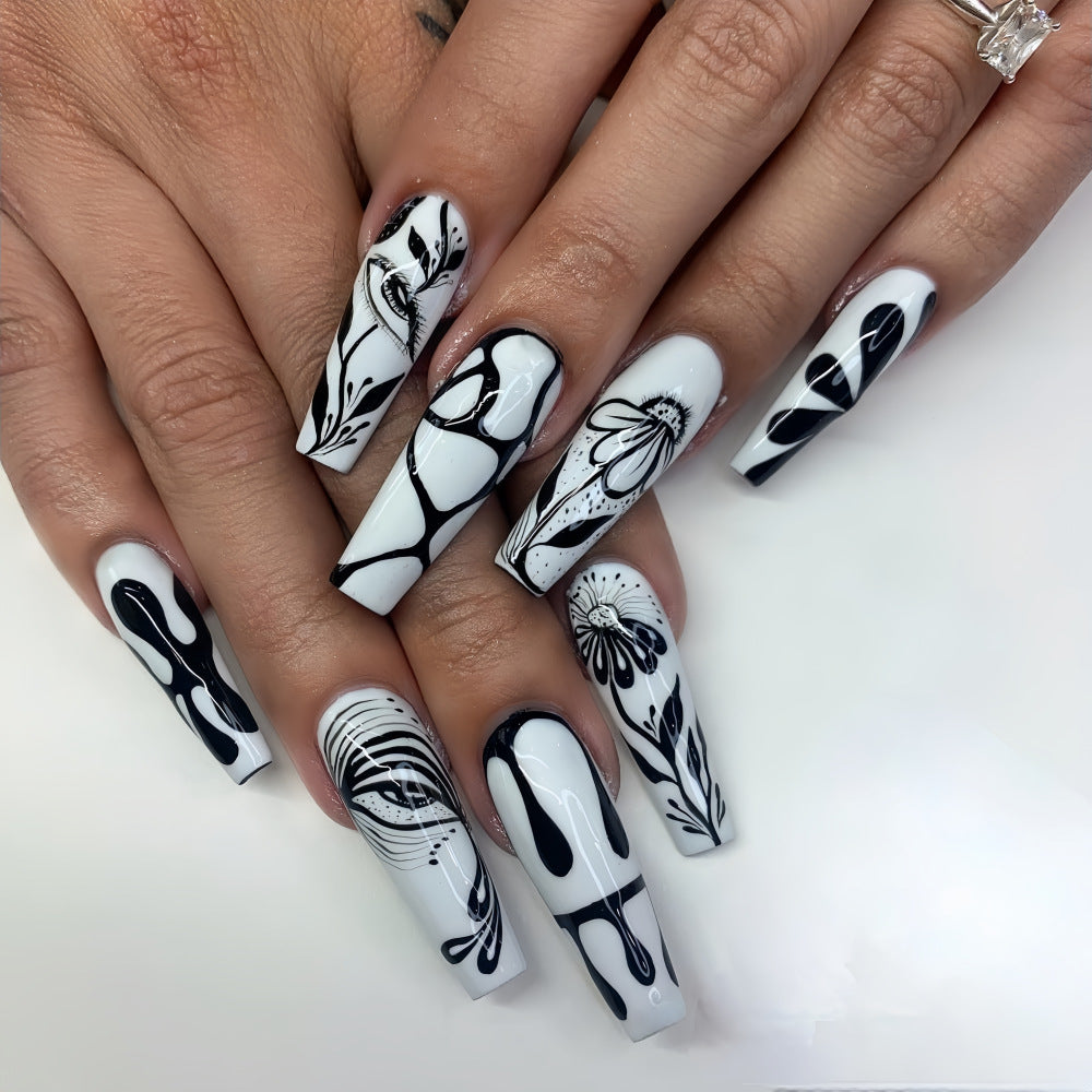 Abstract Face Sketch Press-On Nails – Extra Long Black & White Coffin Glue-On Set