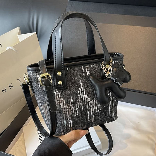 Women's Trendy Sequin Bucket Bag – Small PU Leather Handbag