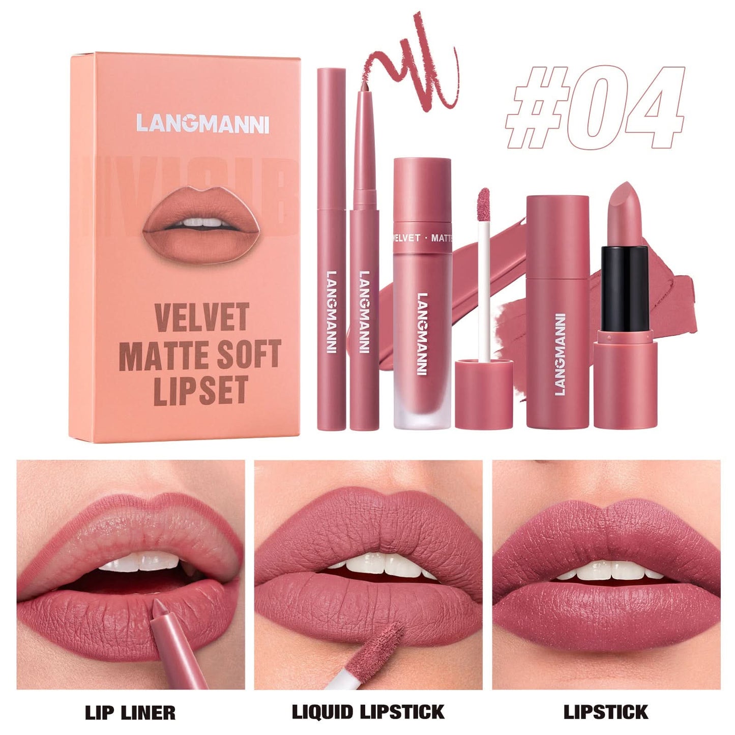 LANGMANNI 3-Piece Lip Kit – Matte Liquid Lipstick & Lip Liner Set
