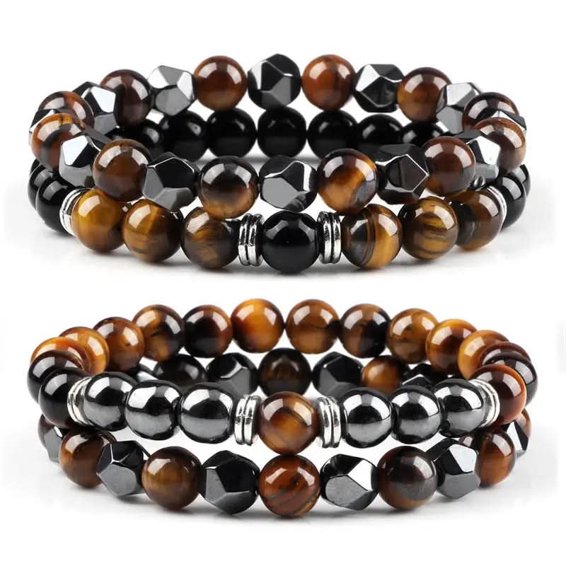 Natural Tiger Eye & Black Agate Beaded Bracelet Set