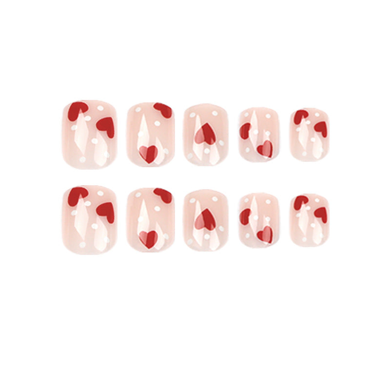 Red Heart Polka Dot Press-on Nails – Cute Square Acrylic False Nails, Glossy Finish