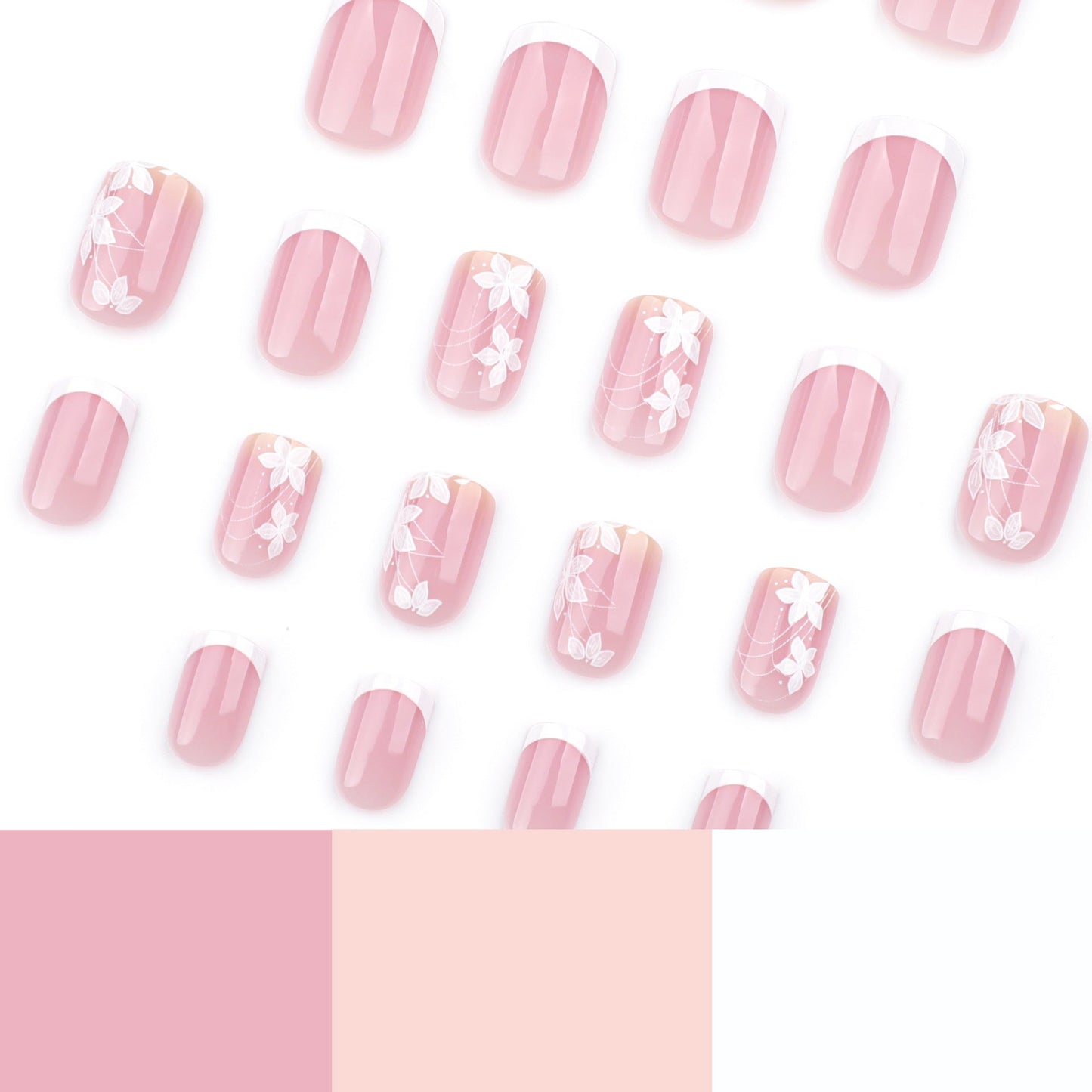 Elegant Floral French Tip Press-On Nails – Medium Square, Glue-On
