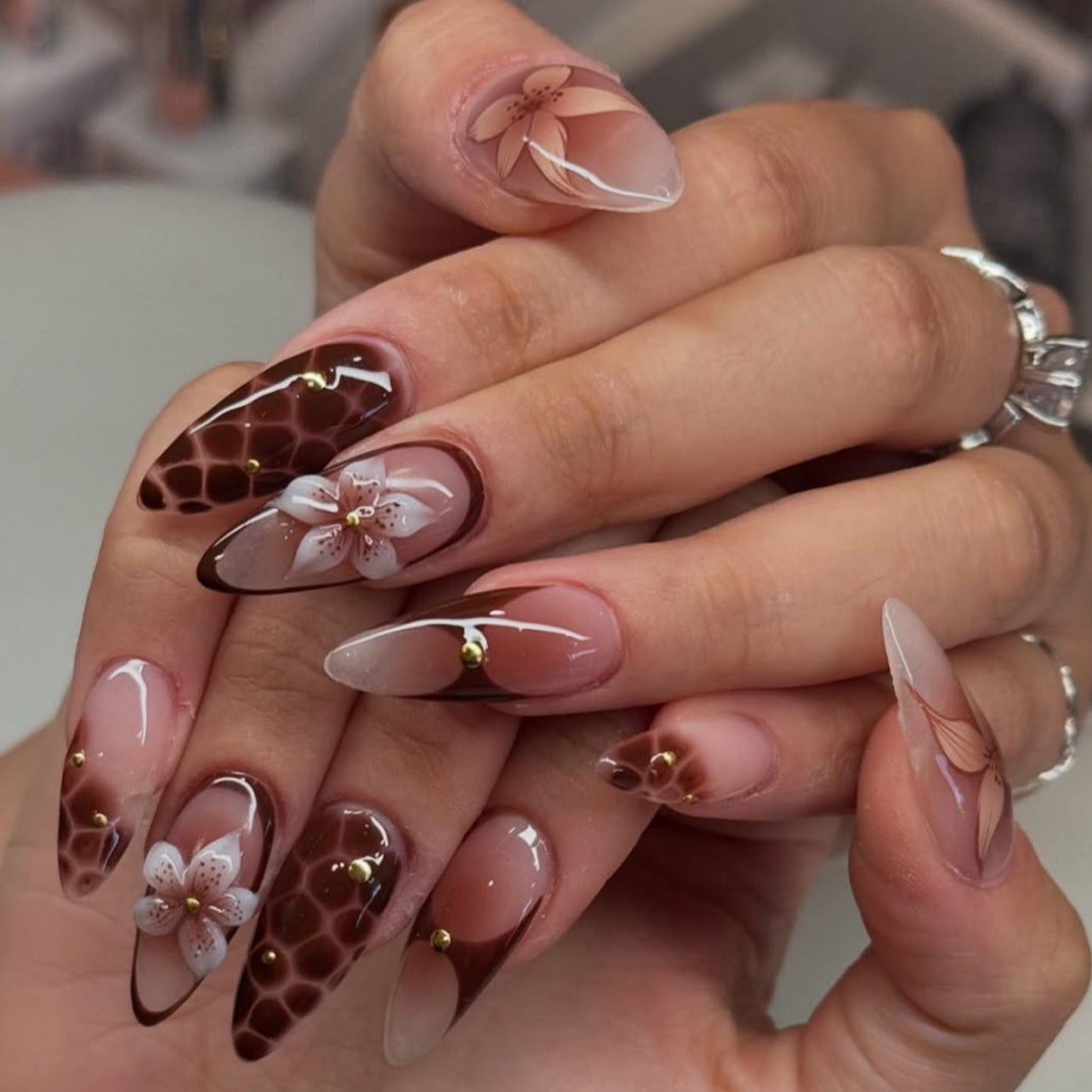 Elegant Stiletto Press-On Nails with 3D Floral & Animal Print – Brown Nude