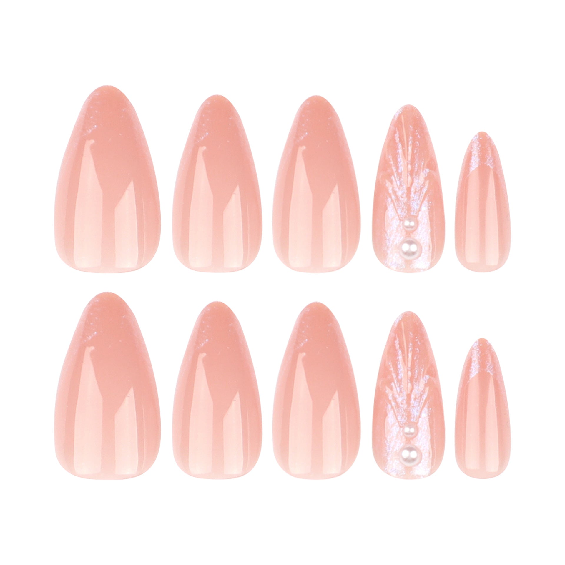 Long Nude Stiletto Press-On Nails with 3D Pearl Embellishments – Glossy Modern Nail Art