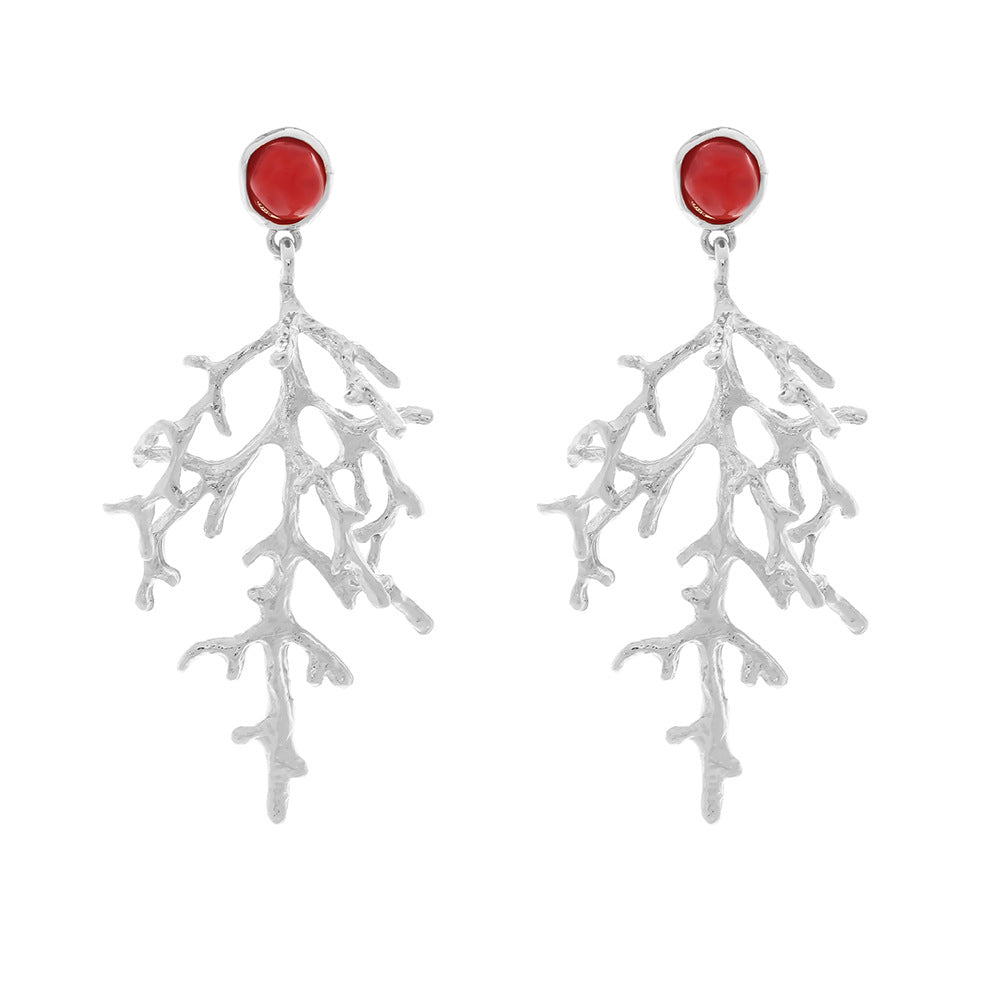 Retro Coral Pendant Earrings for Women – Textured Alloy Ocean Style Jewelry