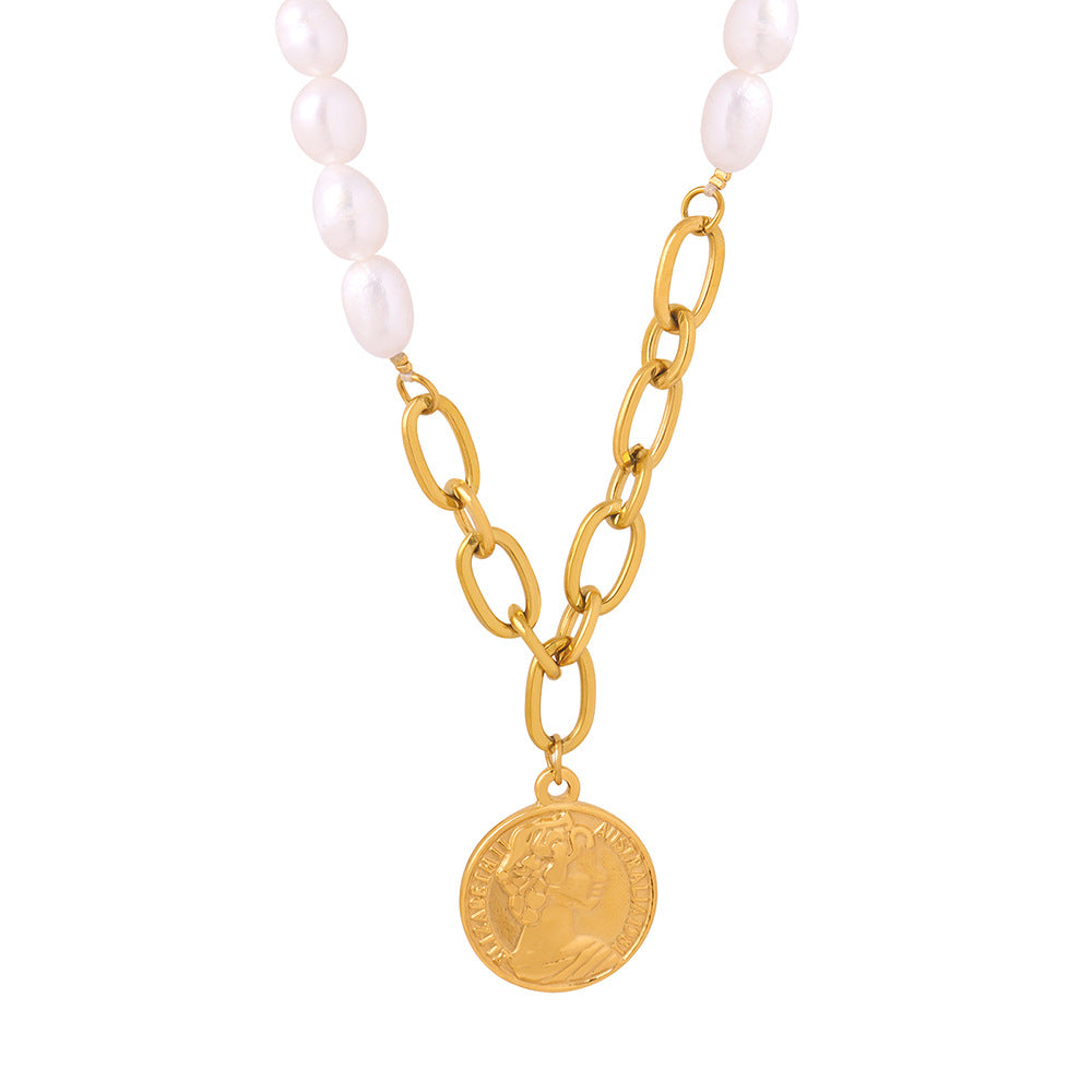 Gold Vintage Pearl Necklace with Freshwater Pearl Pendant – Titanium Steel Jewelry