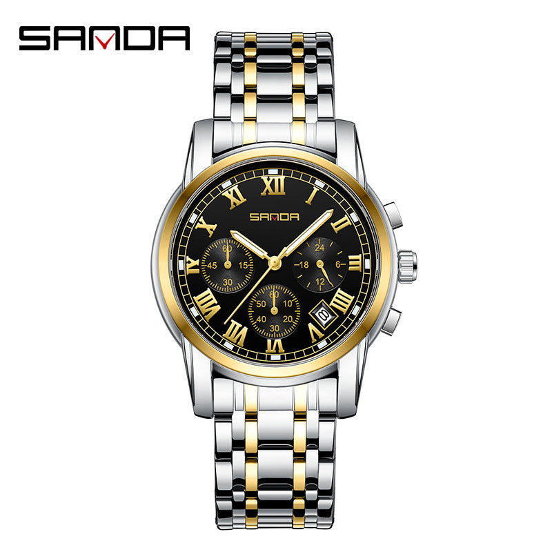 SANDA Luminous Men’s Quartz Watch – Retro Stainless Steel Strap with Calendar