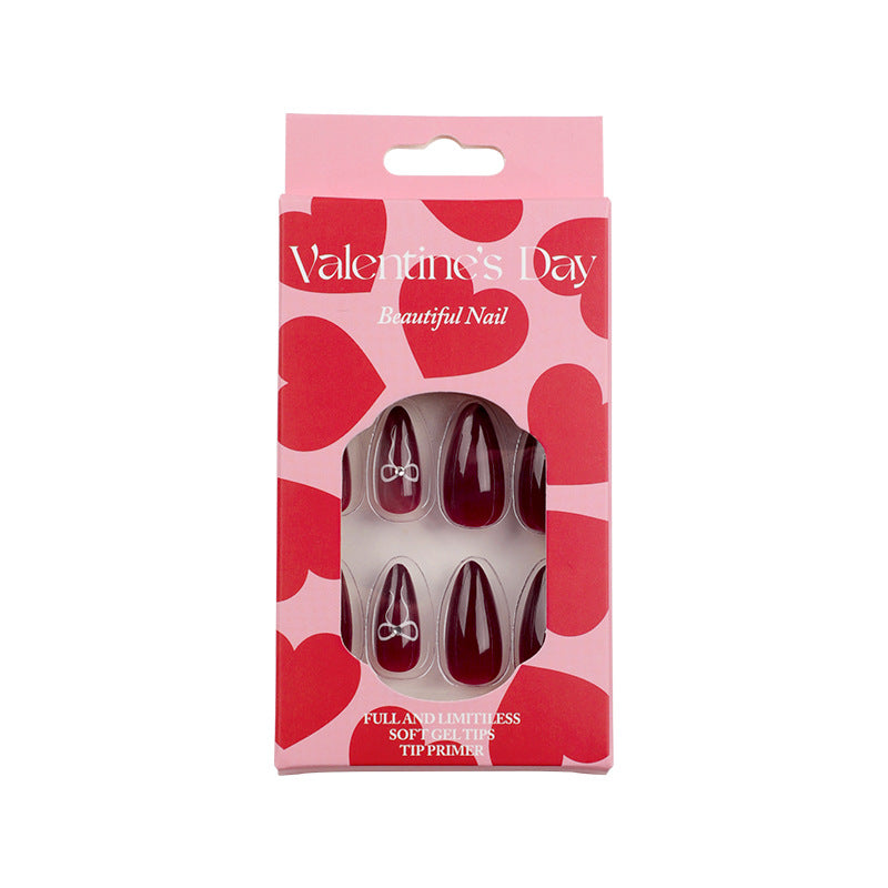 Valentine’s Day Press-On Nails – Medium Almond Red Heart & Pearl 3D Bow Design