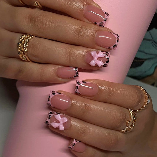Pink Leopard Print Press-On Nails – Medium Square Acrylic with 3D Bow Accent