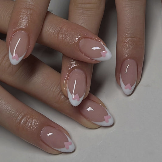 Glossy Almond French Tip Press-On Nails with Pink Heart Accent – Cute False Nails