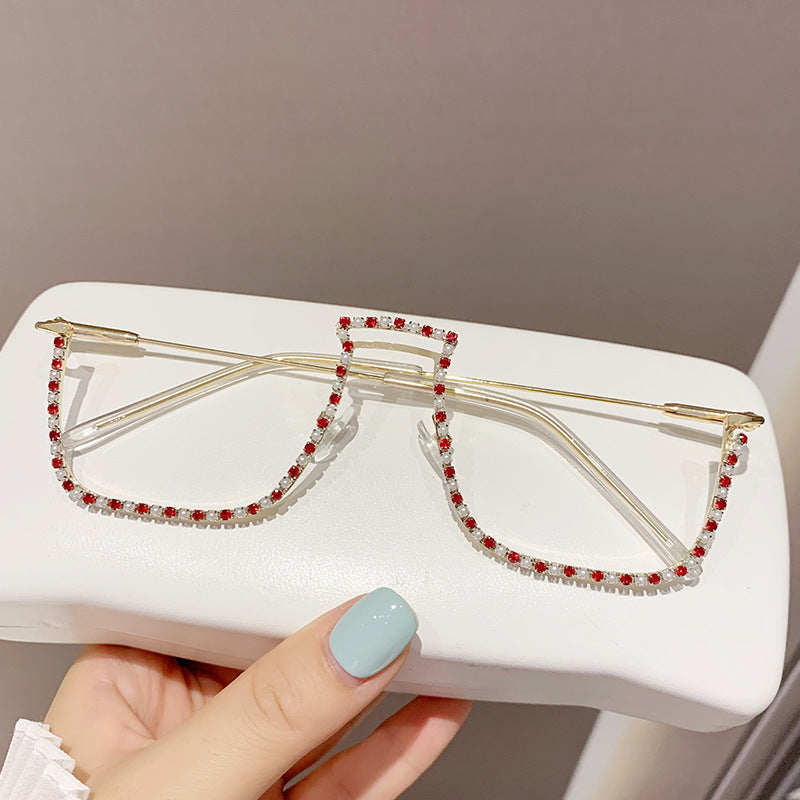 Women’s Rhinestone Decorative Glasses – Half-Frame Trendy Street Style Eyewear