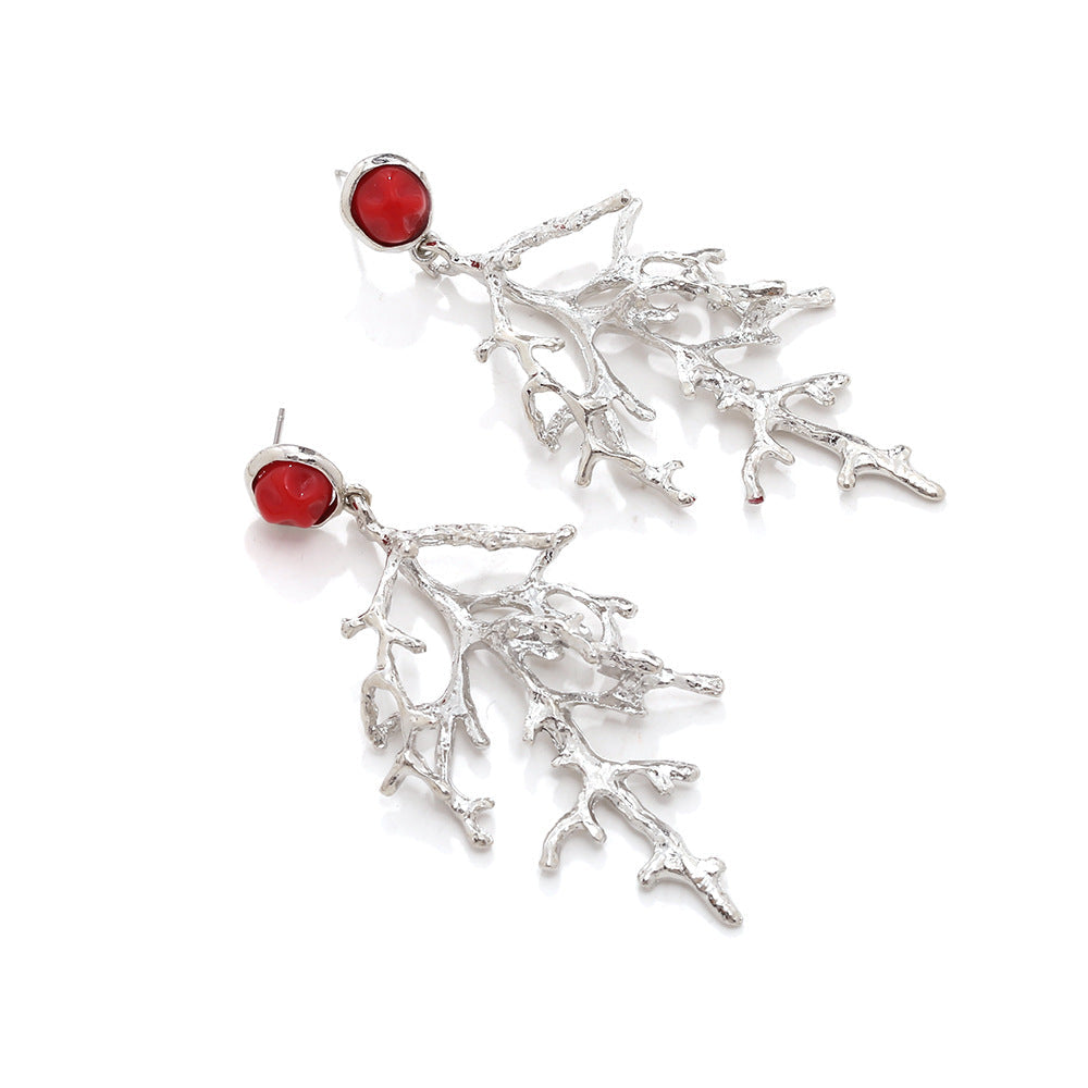 Retro Coral Pendant Earrings for Women – Textured Alloy Ocean Style Jewelry
