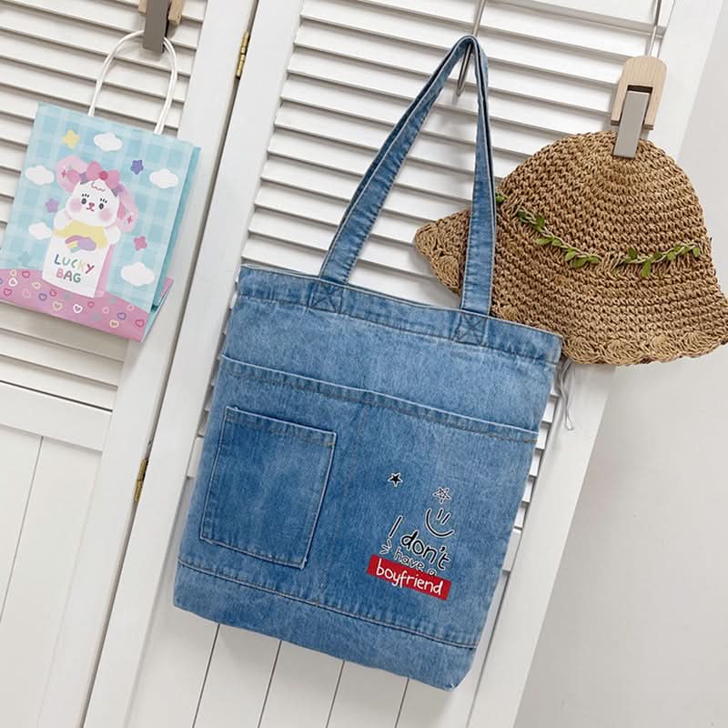 Korean-Style Denim Canvas Tote Bag – Casual Shoulder Handbag for Women, Girls & Students