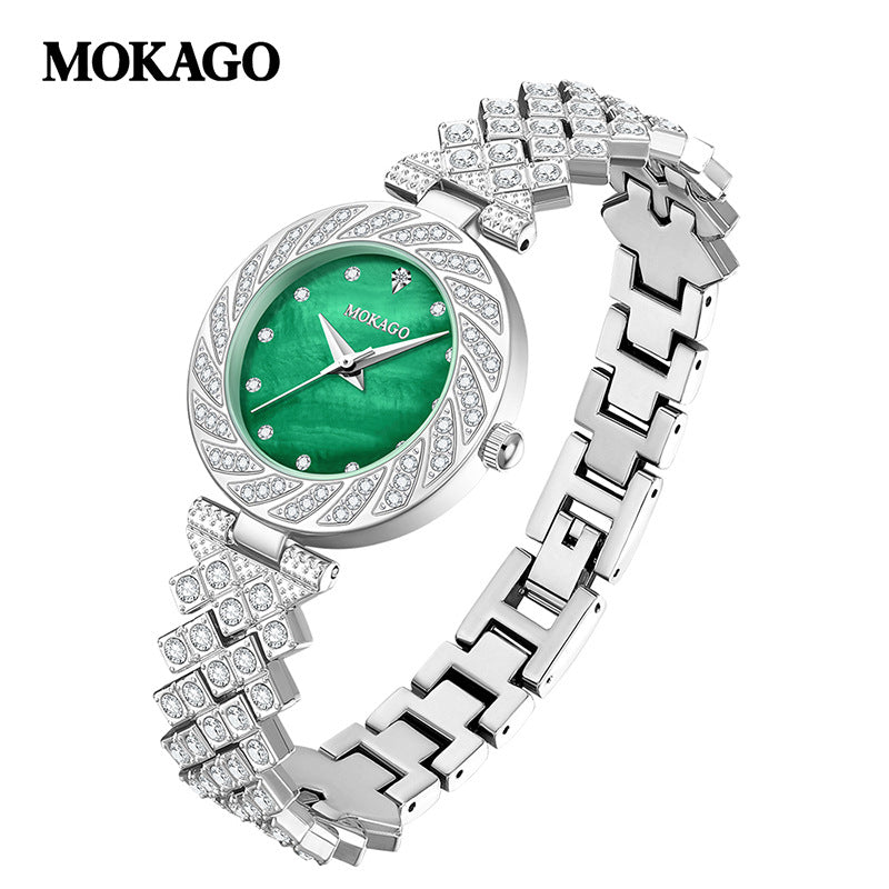 MOKAGO Women’s Diamond Quartz Watch – Elegant Round Mother-of-Pearl Dial Watch