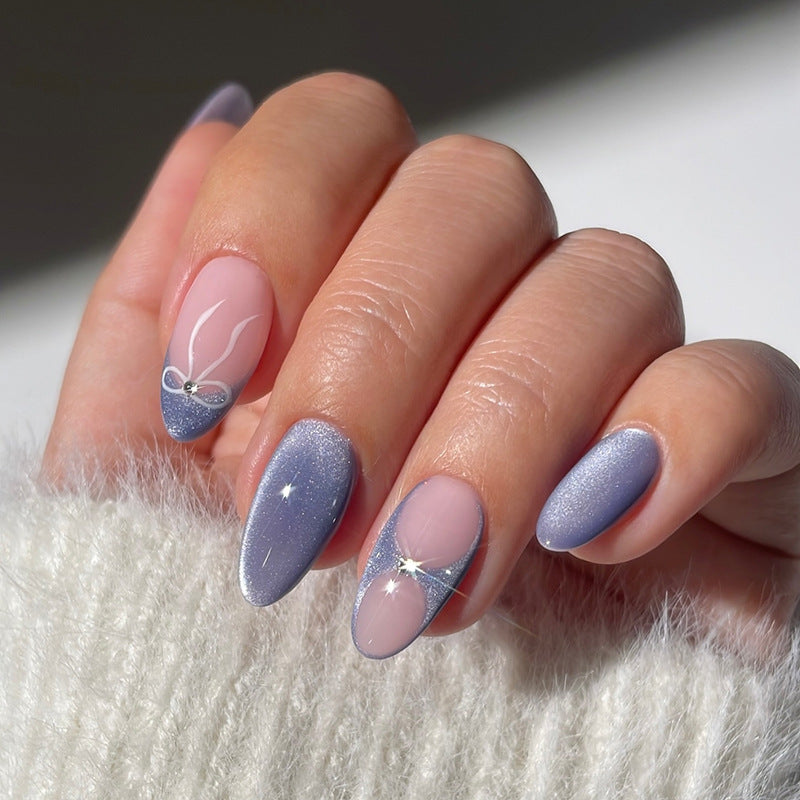Milk Blue French Press-On Nails – Cat’s Eye Almond Nails with Bow Accents