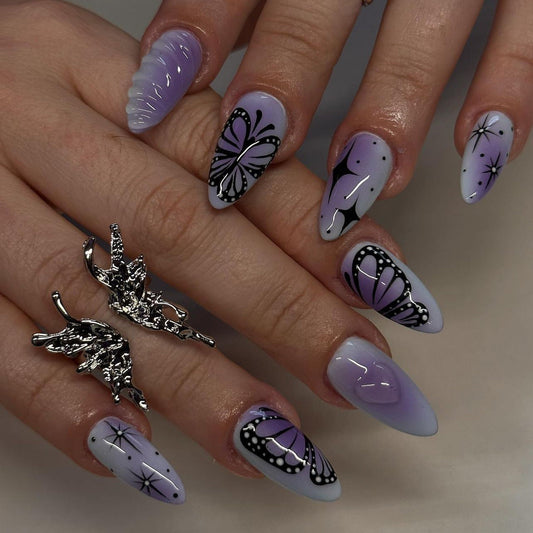 Glossy Purple Almond Press-On Nails with 3D Butterfly & Star Design