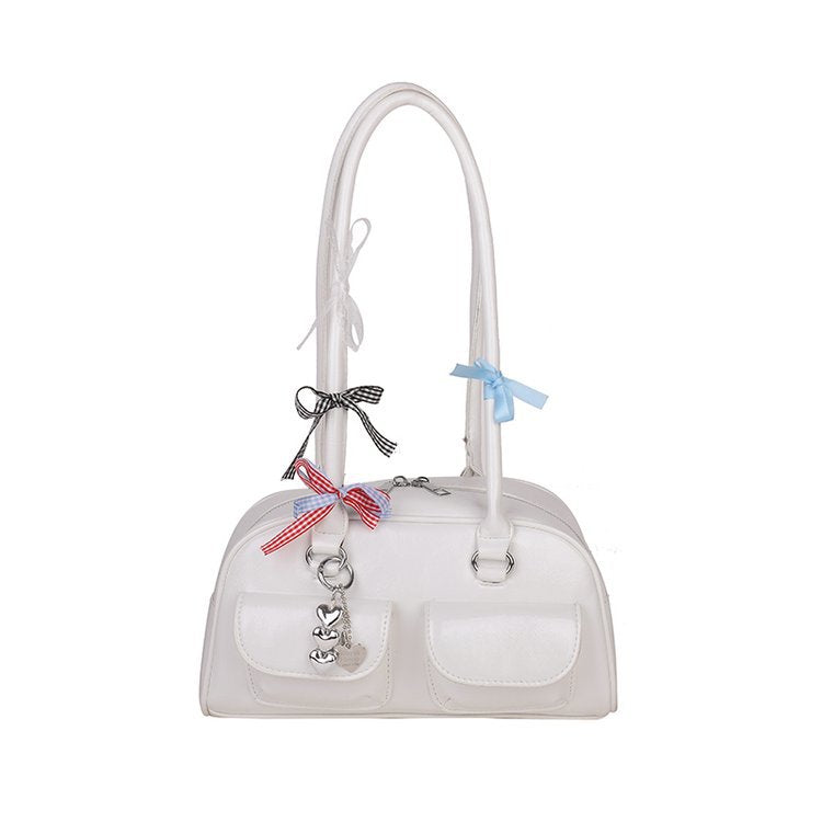 Boston Shoulder Bag for Women – PU Retro Bowling Style Tote with Double Handles And Keyring