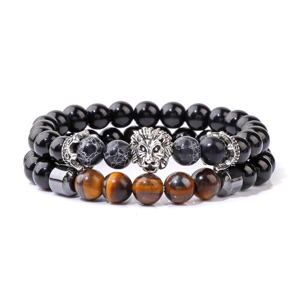Unisex Double-Layer Lion Agate Bead Bracelet – Retro Black Stone