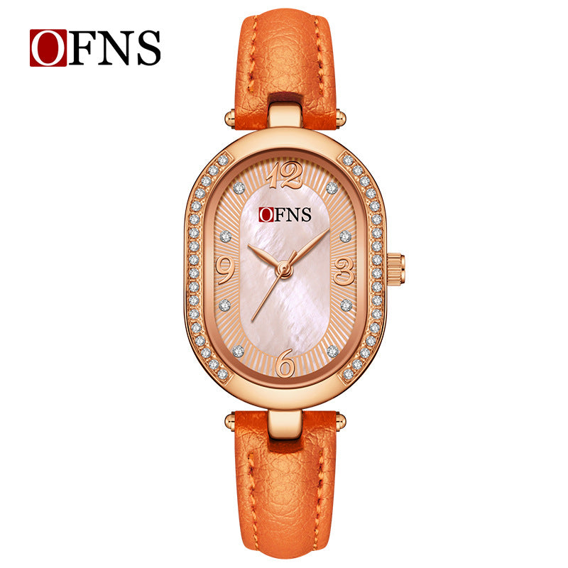 OFNS Diamond Oval Quartz Watch – Waterproof Watch for Women with Leather Strap