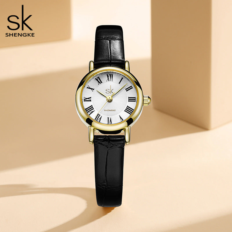 SK Women’s Black Quartz Watch – Leather Strap, 30M Waterproof Round Dial Casual Watch