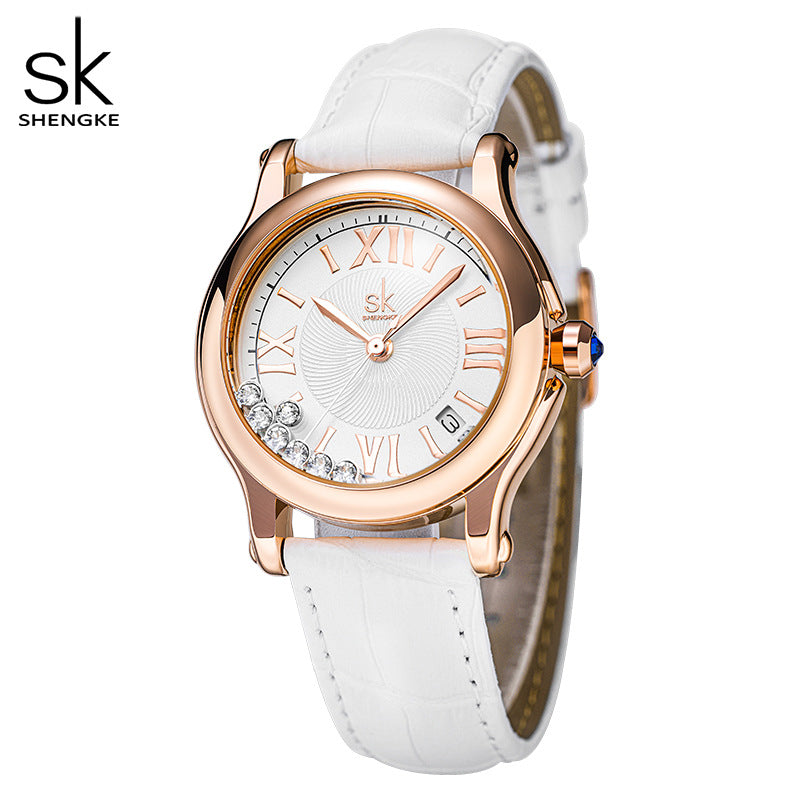 SK Women’s Quartz Watch – Elegant Round Dial, Leather Strap, 30M Waterproof Wristwatch