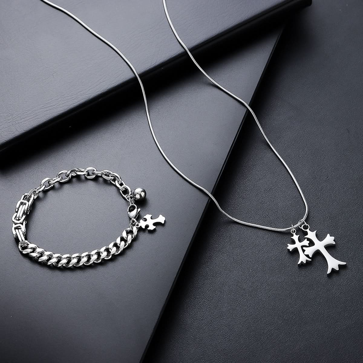 Men’s Double Cross Pendant Necklace & Bracelet – Hip-Hop Fashion Jewelry