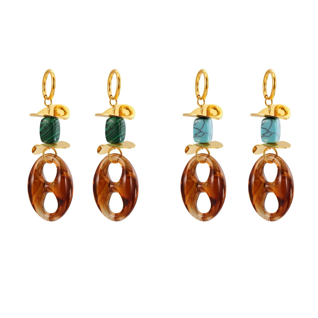 Turquoise Geometric Resin Earrings – Trendy Stainless Steel Chain Design for Women