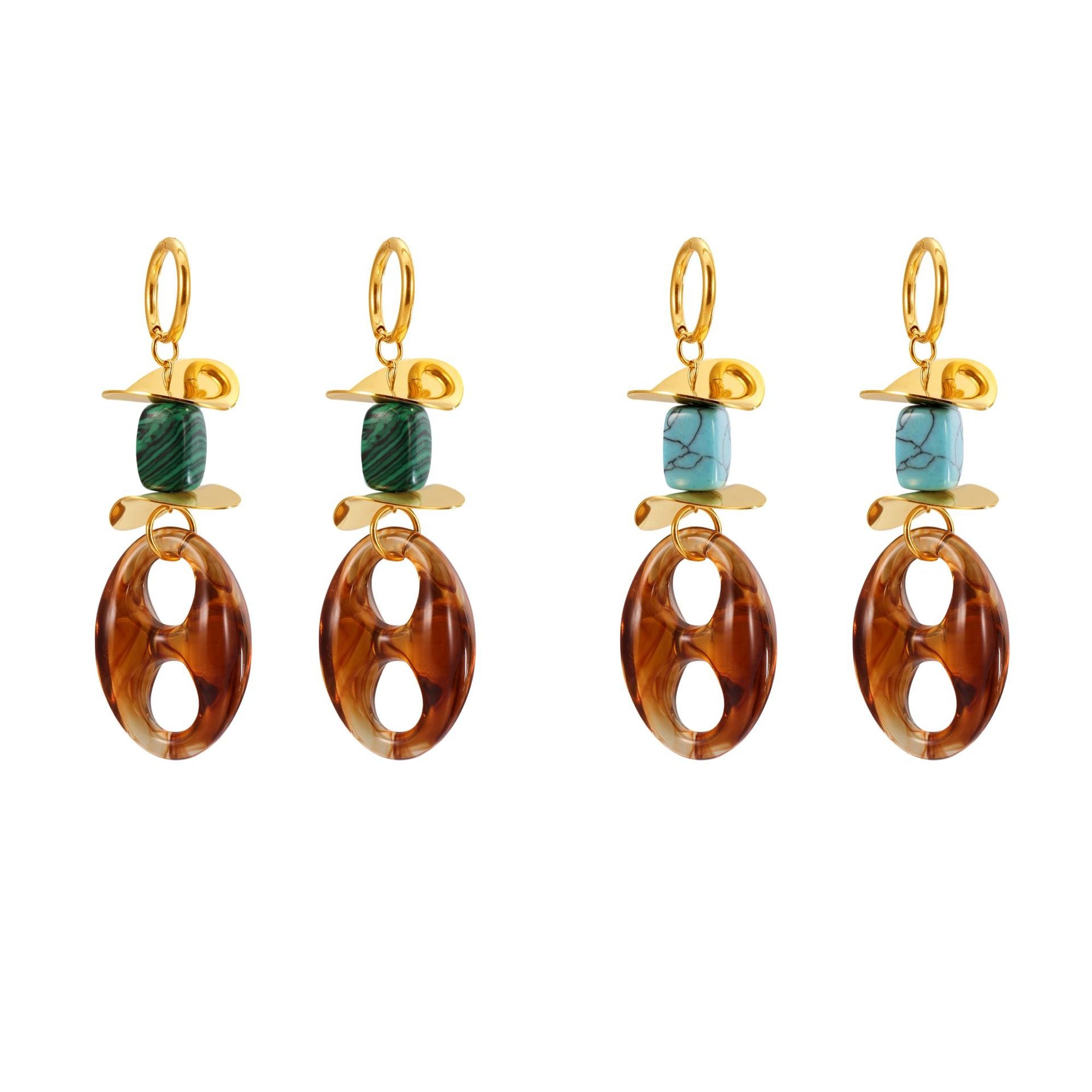 Turquoise Geometric Resin Earrings – Trendy Stainless Steel Chain Design for Women