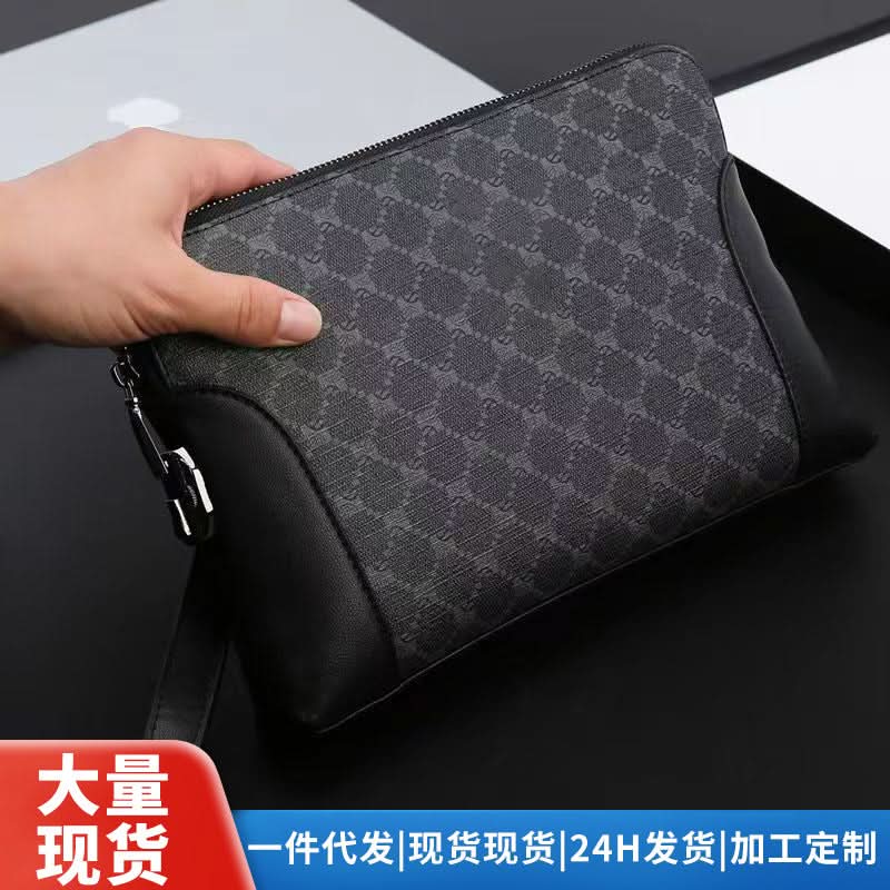 Men’s Retro Plaid PU Leather Clutch Bag – Large-Capacity Business Handbag