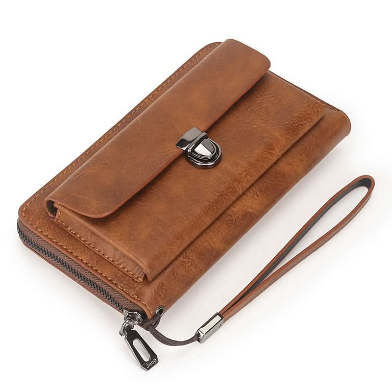 Men’s PU Leather Long Wallet – Multi-Card Clutch with Zipper & Phone Slot