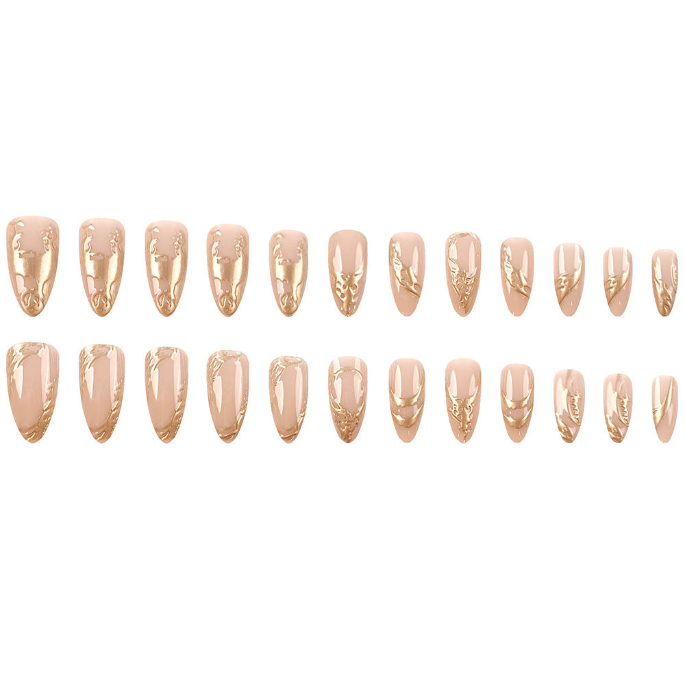 3D Gold Marble Press-On Nails – Long Stiletto Acrylic Nail Set, Nude Abstract Design