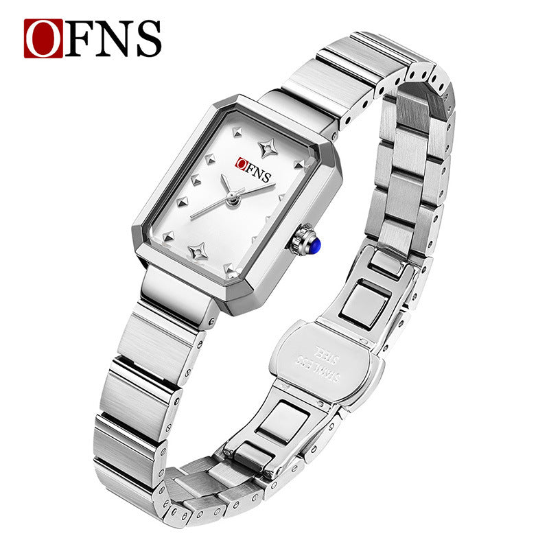 OFNS Women’s Quartz Watch – Retro Rectangular Dial, Stainless Steel Strap Casual Wristwatch