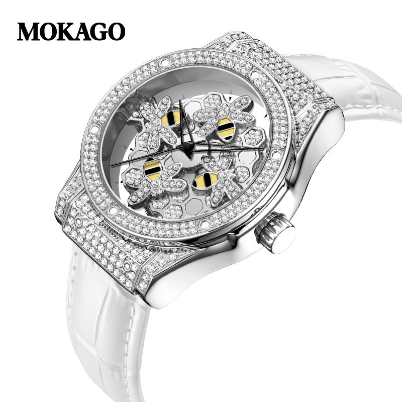 MOKAGO Women’s Quartz Watch – Diamond Hollow Dial, Leather Strap, Waterproof Timepiece