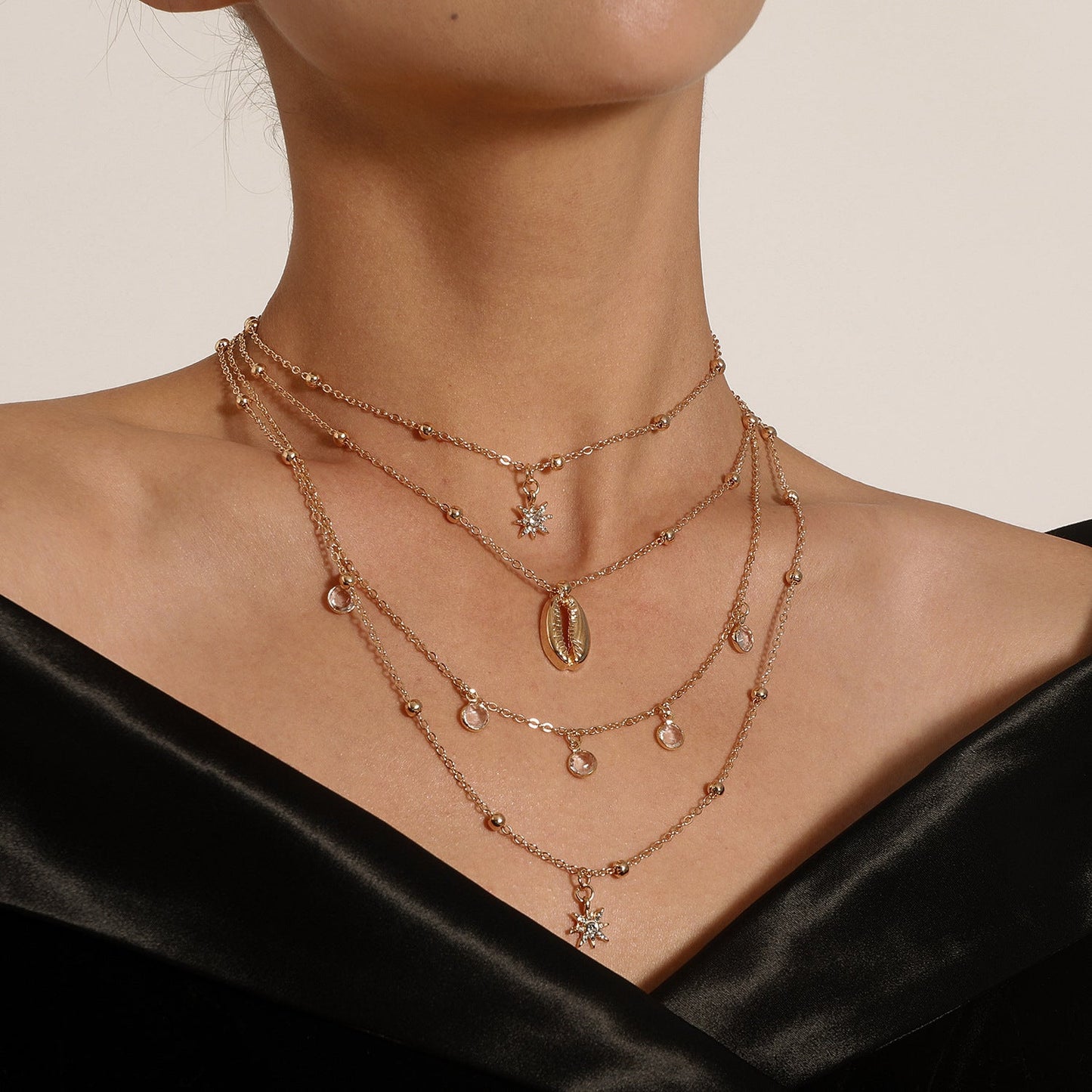 Rhinestone Star Pendant Layered Necklace for Women – Hip-Hop Chain Jewelry
