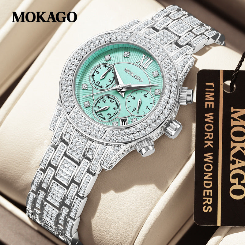 MOKAGO Women’s Luxury Diamond Quartz Watch – Calendar Display, Alloy Strap