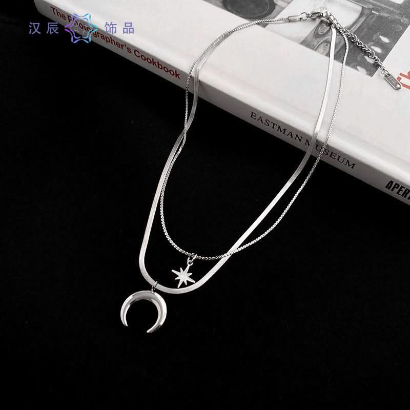 Men's Double-Layer Moon Necklace – Star and Moon Pendant