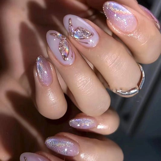 Iridescent Pink Glitter Press-On Nails – 3D Leaf Design, Medium Almond Shape