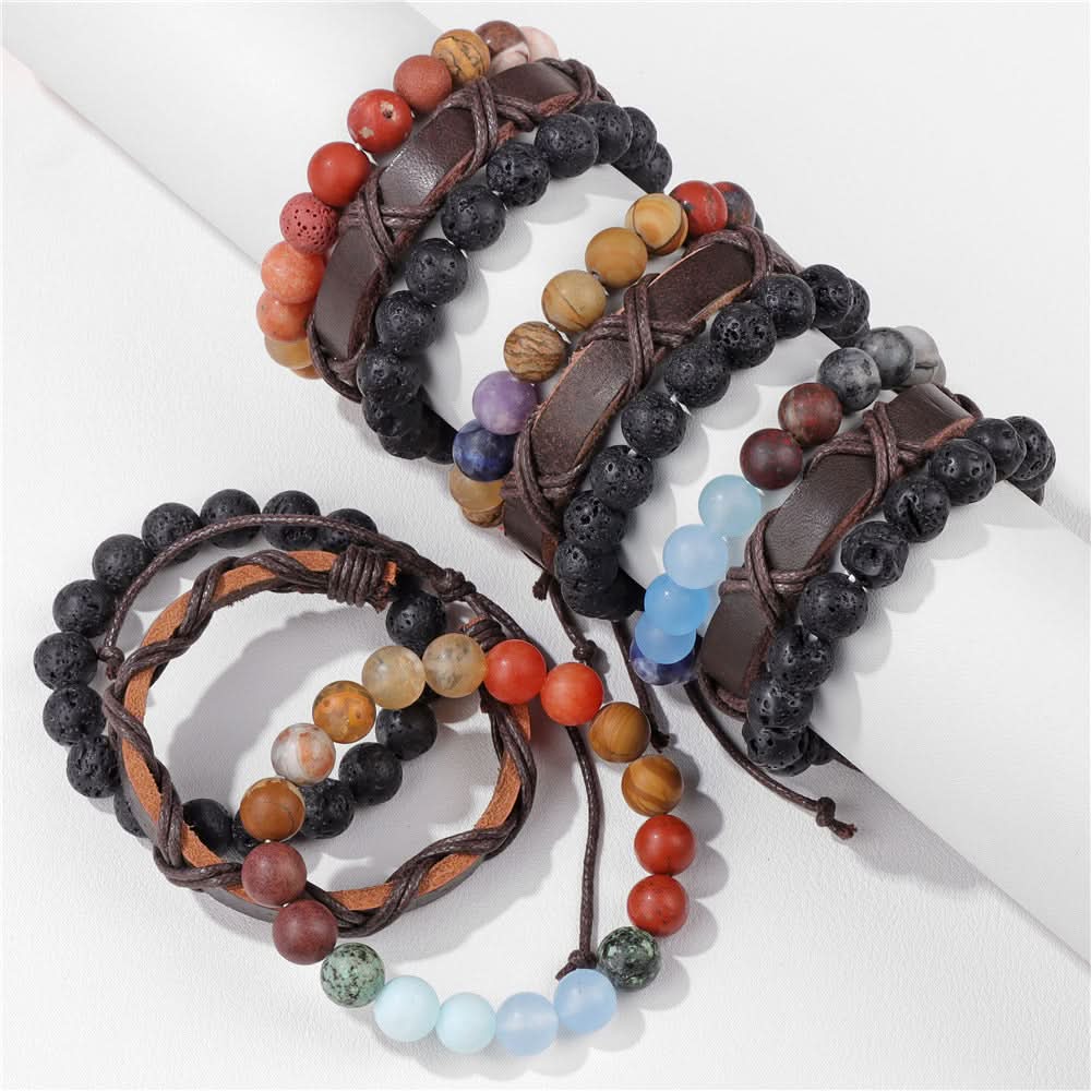 Unisex Retro Volcanic Stone & Agate Bead Bracelet – Handcrafted