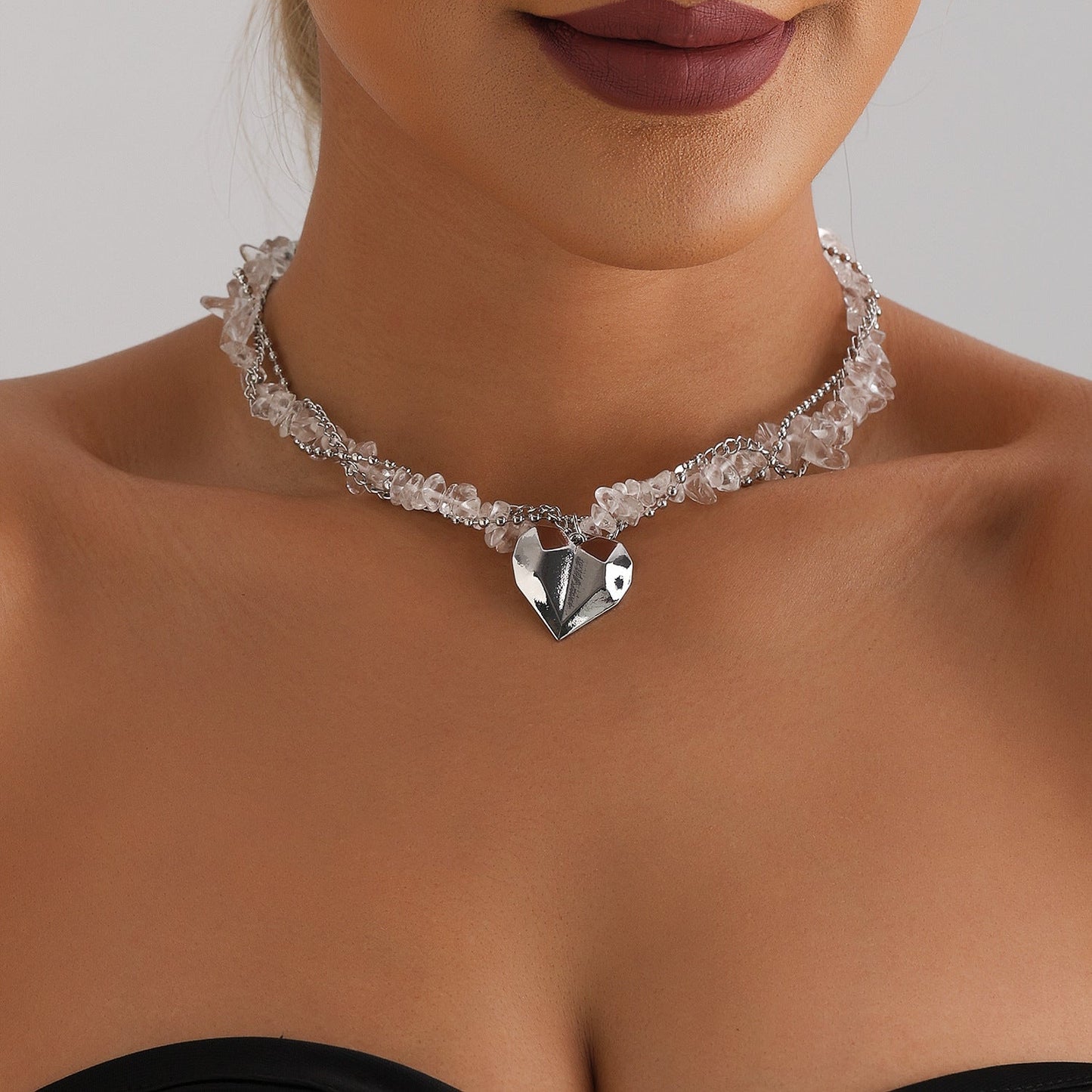 Elegant Heart Crystal Necklace – Silver Multi-Layer Clavicle Chain for Women