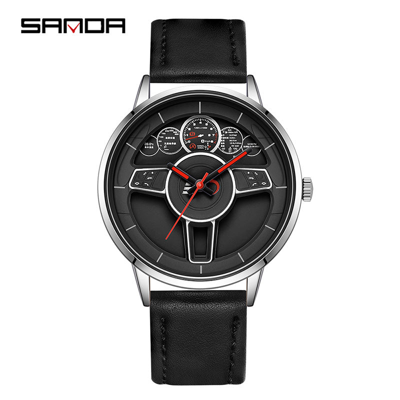 SANDA Steering Wheel Men’s Quartz Watch – Leather Strap Waterproof Business Wristwatch
