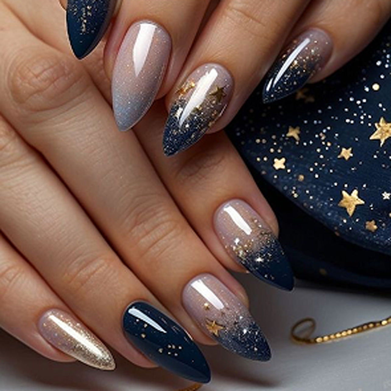 Celestial Stiletto Press-On Nails – Navy & Gold Gradient with Star Glitter, Long Glue-On Set