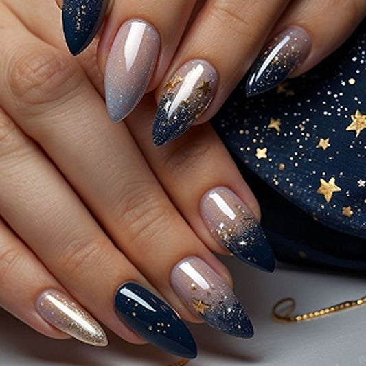 Celestial Stiletto Press-On Nails – Navy & Gold Gradient with Star Glitter, Long Glue-On Set
