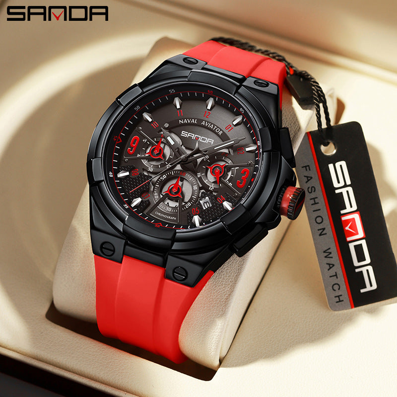 Sanda Men’s Silicone Quartz Watch – Hollow Three-Eye Chronograph, Waterproof Watch