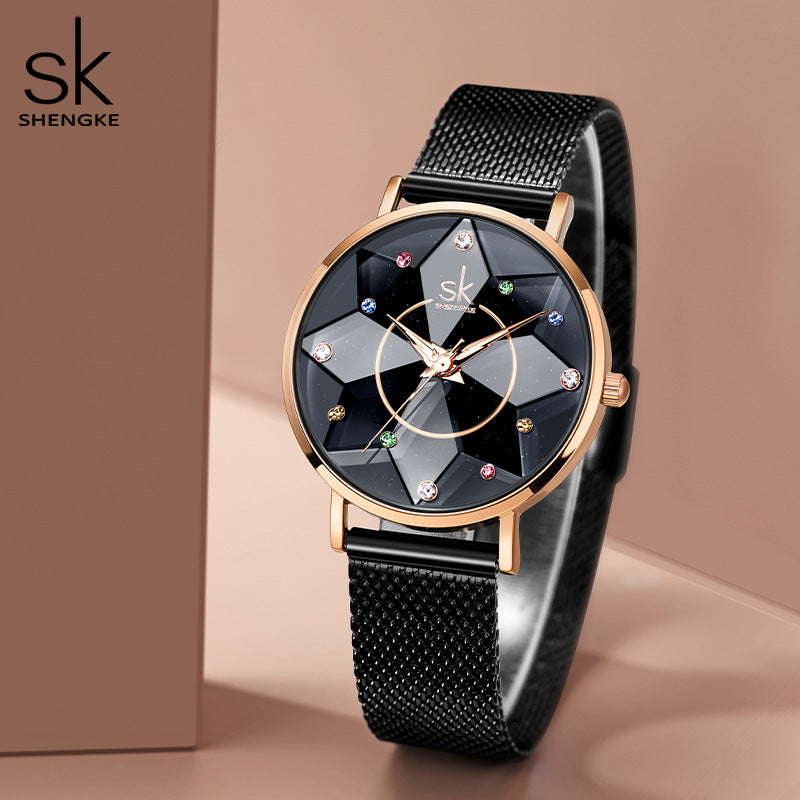 SK Women’s Quartz Watch – Geometric Hexagram Design, Waterproof Leisure Wristwatch