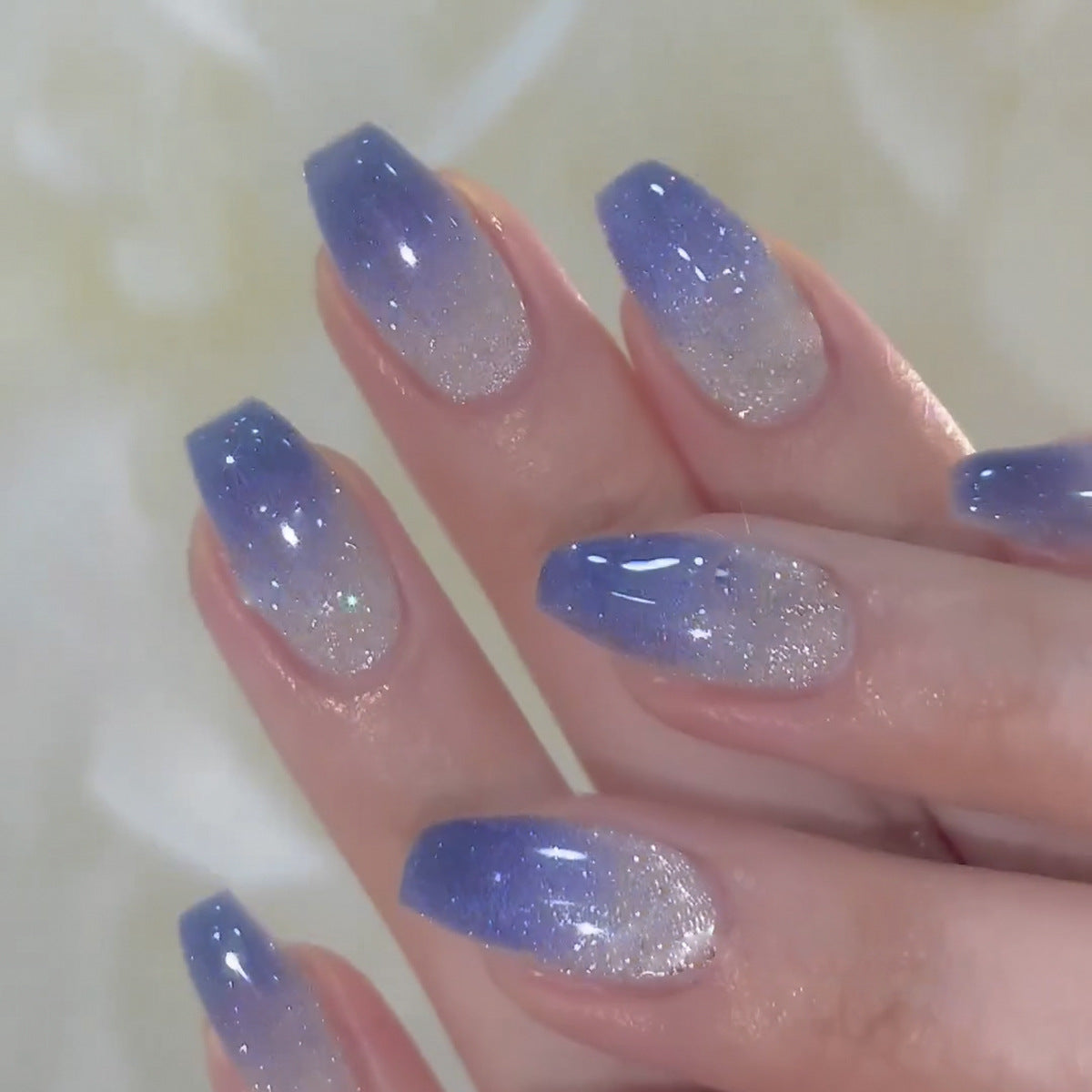 Blue Glitter Gradient Press-On Nails – Medium Coffin Shape, Glossy Finish, Glue-On