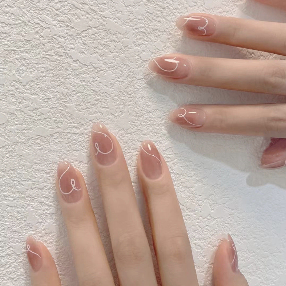 Nude Almond Press-On Nails with Swirl Design – Medium Acrylic Nail Set