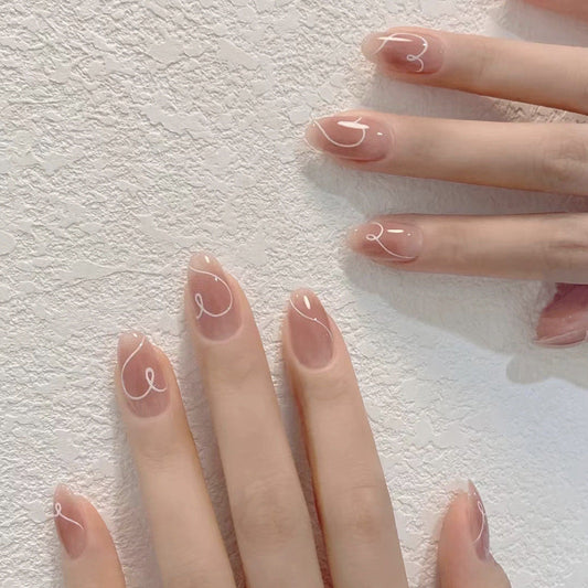 Nude Almond Press-On Nails with Swirl Design – Medium Acrylic Nail Set